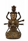 16/17C Chinese Gilt Lacquer Bronze 8 Arm Kwan Yin Buddha