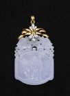 Chinese Lavender Jadeite Carved 14K Gold Diamond Plaque Pendant