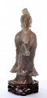 Old Chinese Agate Carved Carving Lady Figurine Wood Stand