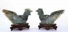19C Chinese Jade Jadeite Carved Carving Rooster Bird Wood Stand