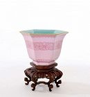 Chinese Famille Rose Turquoise Glazed Porcelain Tea Cup Wood Stand Mk