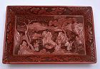 Old Chinese Deep Carved Cinnabar Lacquer Tray Plate Figurine