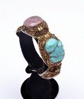 Chinese Gilt Silver Tourmaline Turquoise Carved Bead Bracelet Bangle