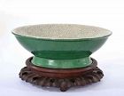 Chinese Green Crackle Glaze Monochrome Ge Guan Type Bowl Wood Stand