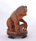 Old Chinese Boxwood Carved Carving Beast & Cub Figurine Wood Stand
