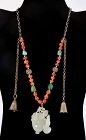 Old Chinese Silver White Jade Pendant Turquoise Coral Bead Necklace