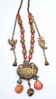 Chinese Silver Gold Wash Lock Pendant Turquoise Agate Bead Necklace