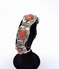 Chinese Silver Coral Carved Cabochon Chirography Bracelet Marked