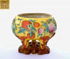 1930's Chinese Famille Jaune Yellow Relief Porcelain Bowl Stand Mk