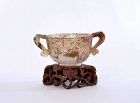 1930's Chinese Moss Agate Carved Carving Libation Cup Wood Stand