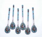 6 Antique Imperial Russian Cloisonne Enamel Silver Spoon Marked
