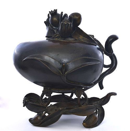 19C Chinese Bronze Peach Shaped Censer Mk