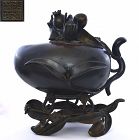19C Chinese Bronze Peach Shaped Censer Mk