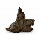 15C Chinese Gilt Lacquer Bronze Manjushri Buddha Kwan Yin on Lion