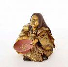 Meiji Japanese Makie Lacquer Wood Carved Samurai Figurine Box Sake Cup