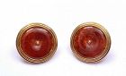 Chinese 14K Gold Red Jadeite Carved Disk Earrings
