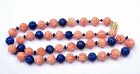 Old Chinese 14K Gold Coral & Lapis Carved Bead Calligraphy Necklace