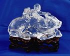 19C Chinese Rock Crystal Carved Cowboy Buffalo Figure Wood Stand