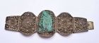 19C Chinese Silver Filigree Turquoise Carved Plaque Bracelet Bangle