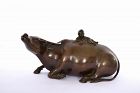 19C Chinese Bronze Scholar Water Dropper Recumbent Water Buffalo Boy