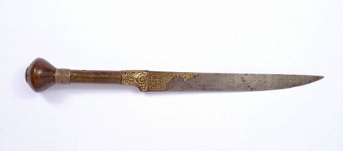 19C Persian Mughal Kard Jade Handle Knife Dagger Gilt Blade