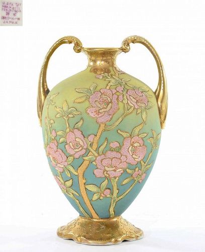 Old Japanese Nippon Coralene Green Blue Handle Vase Roses Mk