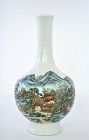 1960's Chinese Famille Rose Long Neck Vase Landscape Marked
