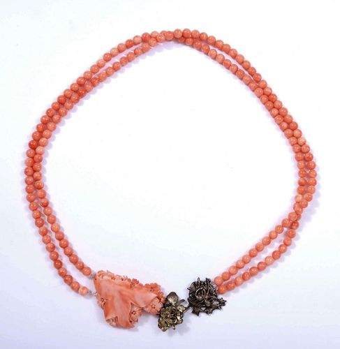 Chinese Salmon Coral Carved Carving Flower Pendant Bead Necklace