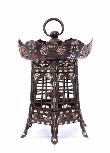 19C Japanese Iron Lacquered Shibayama Mother of Pearl Inlay Lantern
