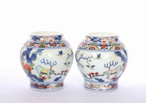 Pair of Republic Chinese Wucai Porcelain Vase Pot