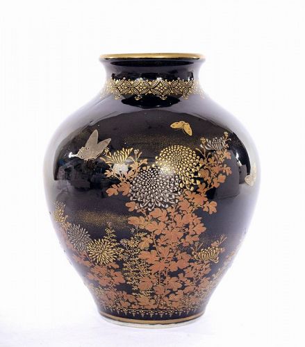 1900's Japanese Kutani Dark Blue Satsuma Style Vase Flower Butterfly