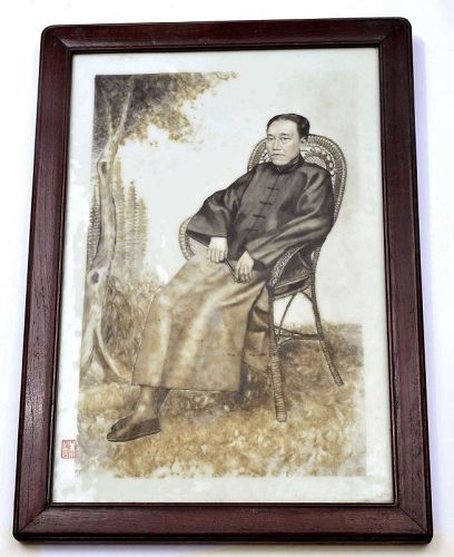 1950's Chinese Grisaille Porcelain Portrait Plaque Signed