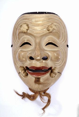 1900's Japanese Lacquered Wood Carved Noh Mask Nogaku Old Man