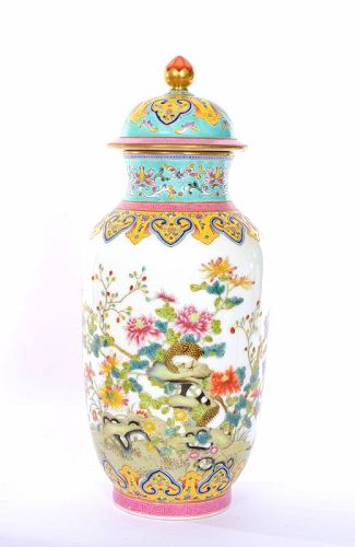 Chinese Famille Rose Porcelain Covered Vase Chrysanthemum & Quail MK