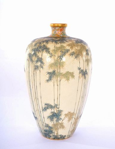 1920's Japanese Kinkozan Satsuma Pottery Bamboo Vase