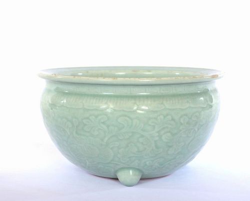 Chinese Incised Celadon Porcelain Tripod Censer Incense Burner Bowl