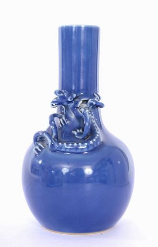 1930's Chinese Clair de Lune Sky Blue Monochrome Porcelain Dragon Vase