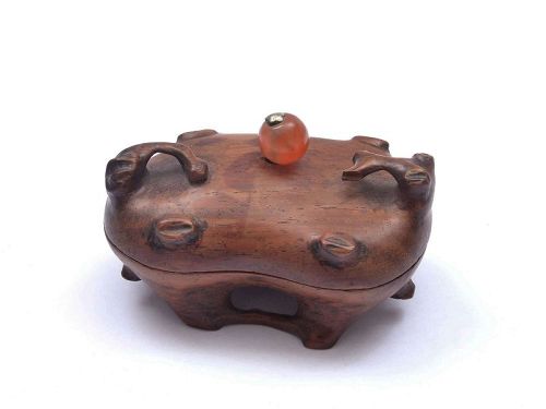 19C Chinese Huanghuali Wood Carved Carving Box Agate Bead Finial