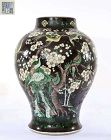 19C Chinese Famille Rose Noire Porcelain Jar Pot Vase Plum Flower Mk