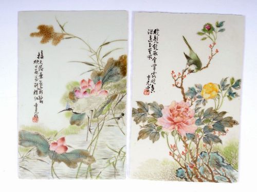 2 Chinese Famille Rose Porcelain Plaque Lotus Flower Crane Bird SG