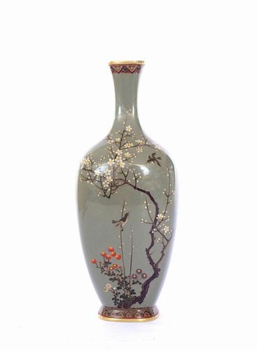 1910's Japanese Gilt Cloisonne Enamel Shippo Vase Bird and Flower