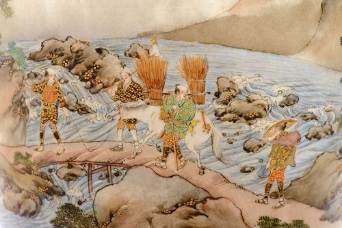 1900's Japanese Satsuma Vase Geisha Samurai Figure Lamp 16.5"