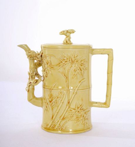 1900's Chinese Mustard Yellow Porcelain Teapot Bamboo Dragon Marked