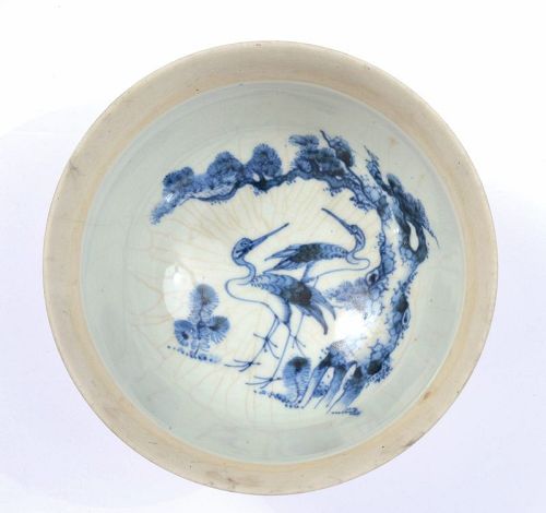 Rare 18C Chinese Underglaze Blue & White Porcelain Bowl Crane Bird