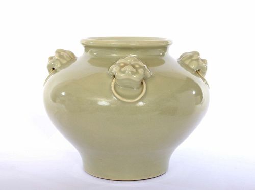 1940's Chinese Celadon Porcelain Fu Dog lion Handle Vase Pot Marked