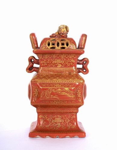1900's Chinese Gilt Coral Red Glaze Porcelain Censer Incense Burner