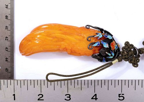 Korean Silver Enamel Amber Buddhist Hand Citron Pendant Norigae Hanbok