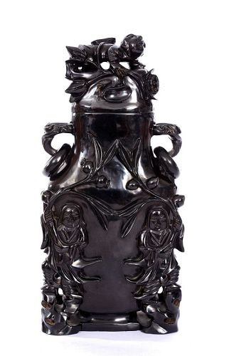 1622G Chinese Dark Cherry Amber Bakelite Faturan Carved Vase Jar