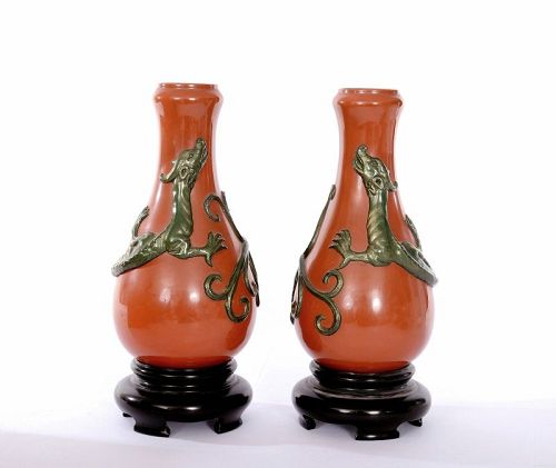 Pair of Chinese Fuzhou Fujian Foochow Red Lacquer Dragon Vase