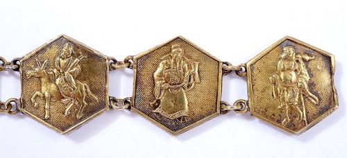 1930's Chinese Silver Gilt 8 Immortal Figure Bracelet Marked "紋銀福" '
